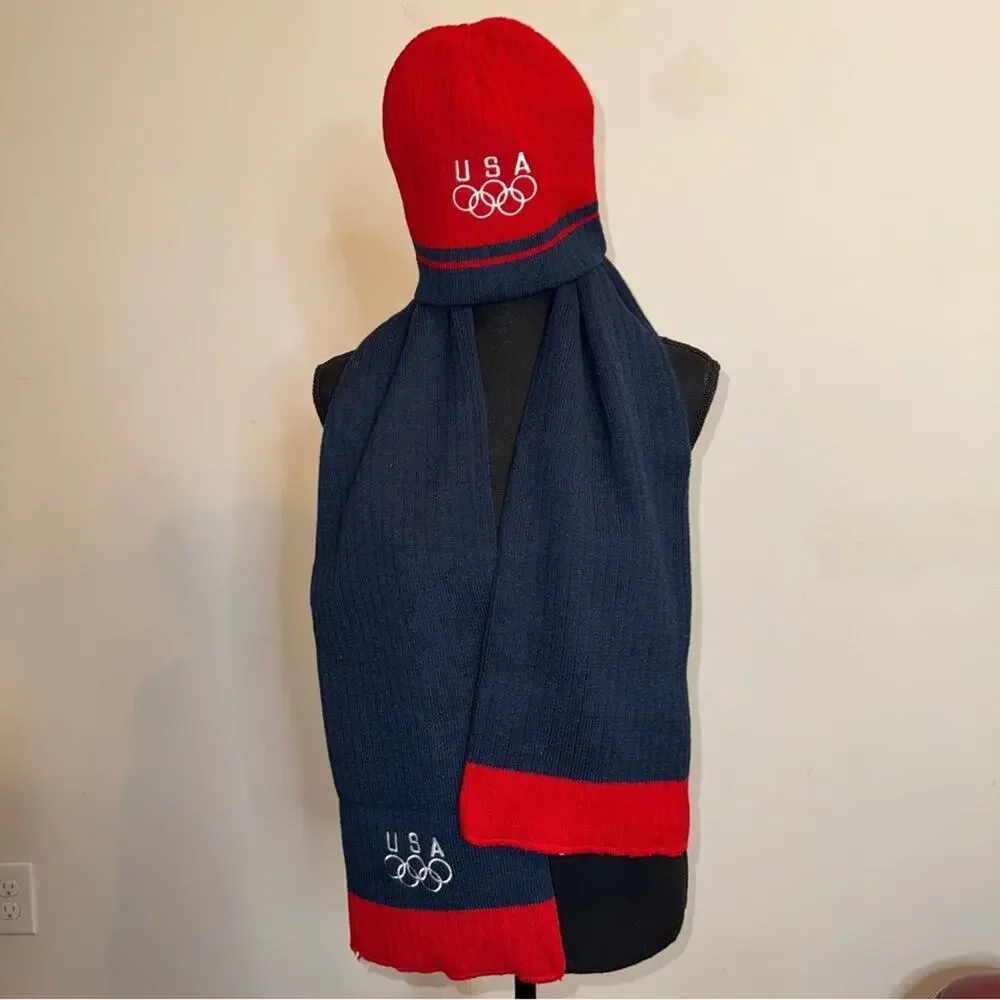 USA OLYMPICS Reversible Beanie Hat Scarf Set Red White Blue Unisex